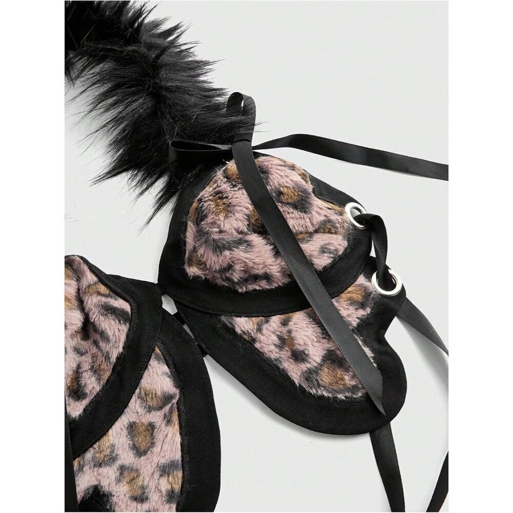 Women's Faux Fur Cheetah Print Crop Top Knot Halter Backless Medium - Picture 4 of 4